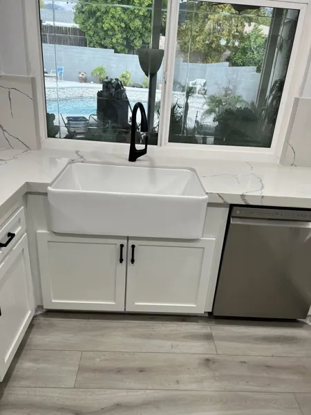 AJM Construction Services project in the Inland Empire: farmhouse sink in a kitchen remodel