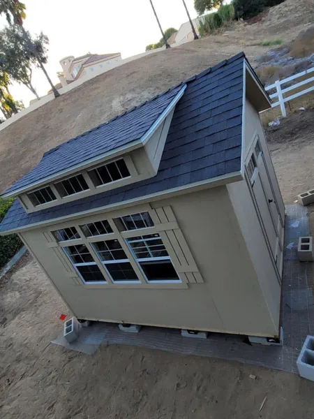 AJM Construction Services project in the Inland Empire: custom backyard shed with dormer windows