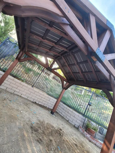 AJM Construction Services: wood gazebo framing seen from below, Canyon Lake backyard project